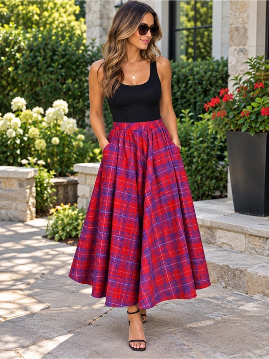 Jane Schaffhausen Dresses & Skirts - Vintage Jane Schaffhausen belle france Plaid Maxi Skirt in Tomato Red/Purple 12